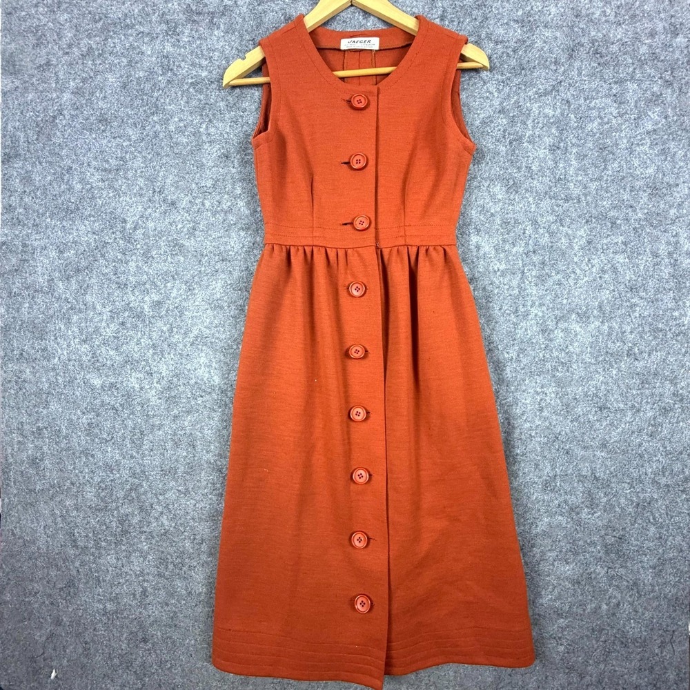 Vintage‎ Jaeger Dress Womens 8.5 XS 60s Orange Wool Tailored Mod Button Front
